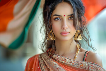 Beautiful Indian woman with traditional attire and jewelry, standing in front of an Indian flag during Independence Day celebration