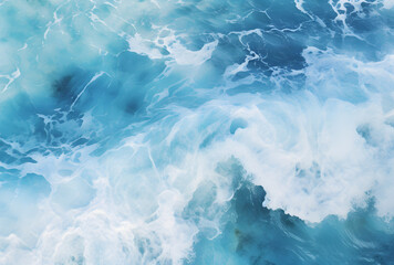 Top view of the ocean blue water with white foam and waves
