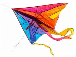A colorful kite with a long tail, white background