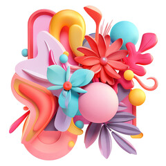 Vibrant 3D abstract composition with colorful shapes and flowers. Perfect for modern design projects and creative backgrounds.