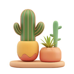 Cute 3D render of two cacti in colorful pots placed on a wooden surface. Minimalist indoor plant decoration.