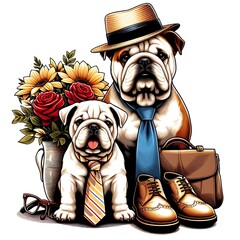 A dog design drawing graphic and dog design drawing graphic wearing ties and a hat and tie creative Vibrant Artistic Vibrant.