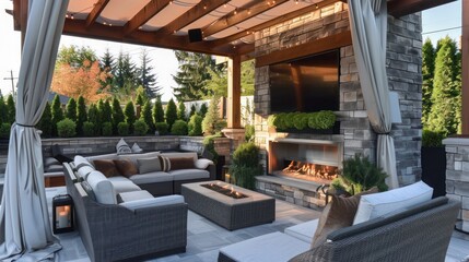 Fototapeta premium outdoor living room with durable, stylish furniture, a built-in fireplace, and a canopy for shade on sunny days
