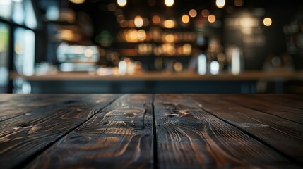 Cozy coffee shop interior with a rustic wooden table and blurred background lights. Perfect for business, cafe, and lifestyle themes.