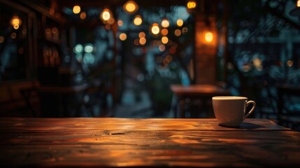 Cozy evening cafe ambiance with dim lighting, wooden table, and a coffee cup, perfect for relaxation and conversations.