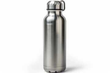 A stainless steel water bottle with a doublewall vacuum insulation, white background