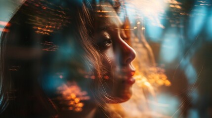 Artistic double exposure portrait of a woman with vibrant lights and reflections, creating a dreamy and surreal atmosphere.