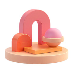 Modern abstract 3D geometric shapes in pastel colors, including arches, platforms, and a sphere, arranged aesthetically on a circular base.