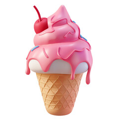 Delicious pink ice cream cone with cherry and sprinkles, perfect summer treat. 3D rendering, vibrant colors.