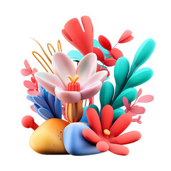 Colorful abstract 3D floral composition with vibrant, stylized flowers and leaves in a modern, playful design.