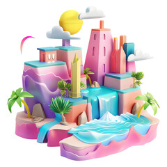 Surreal tropical island with colorful buildings, palm trees, and a serene waterfall, under a bright sun and fluffy clouds.