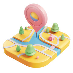 3D illustration of a colorful GPS map with a location pin, trees, and a small house. Navigation, direction, and travel concept.