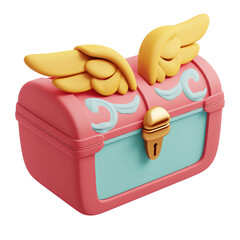 Vibrant pink and blue treasure chest with golden wings and a lock. Whimsical fantasy design perfect for games or illustrations.