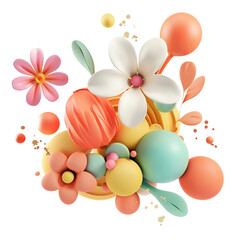 Colorful 3D abstract floral arrangement with various shapes and bright hues, showcasing modern digital art and design creativity.