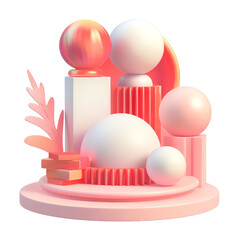 Modern abstract composition with geometric shapes in pastel pink tones, featuring spheres, cylinders, and decorative elements.