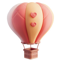 3D illustration of a pink and orange hot air balloon with heart shapes, symbolizing love and romance, perfect for Valentine's Day themes.