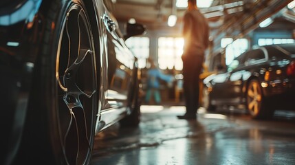 Automotive engineer inspecting vehicle  automotive design (surreal, silhouette) auto workshop