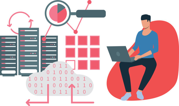 Boy is working on cloud coding on laptop.