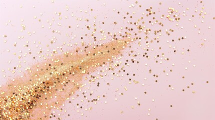 
Delicate metallic glitter in shades of gold and pink scattered on a minimalistic light pink background, evoking a sense of elegance. 