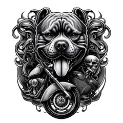 A dog design graphic and motorcycle with swirls and skulls creative vector.