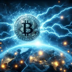 digital lightning network of the bitcoin blockchain technology and it fast transaction per second also for price explosion and popularity as wide background with copyspace.