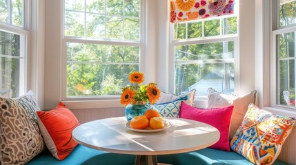 bright and cheerful breakfast nook with a round table, sunny windows, and vibrant chair cushions for a pleasant start to the day