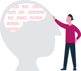 The boy is pointing to the binary code.