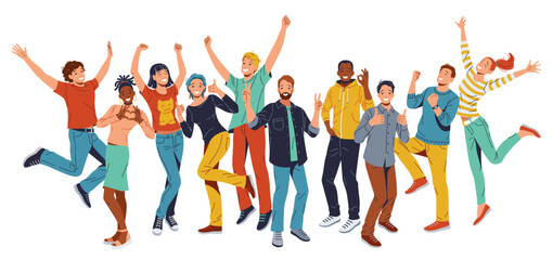A diverse group of young people joyfully jumping together, smiling and carefree. White background, low angle shot. Perfect for illustrating happiness, joy, diversity, teamwork.