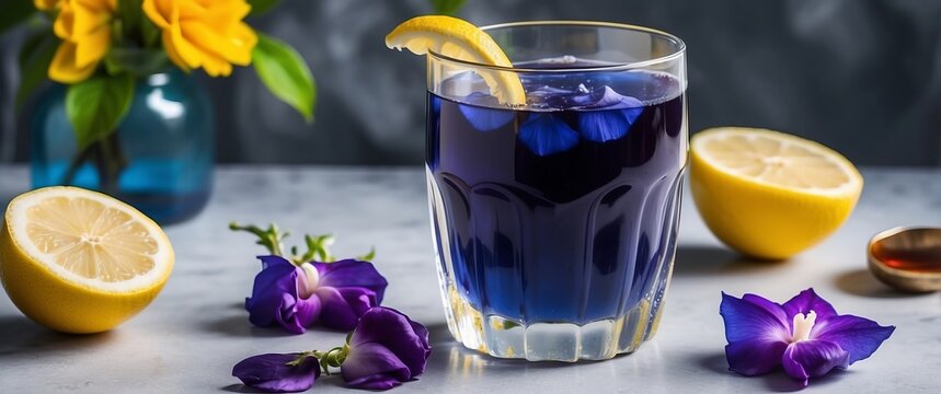 A refreshing purple beverage with a lemon slice in a glass, surrounded by flowers and lemons  Perfect for summer and wellness related events