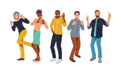 Group of people showing positive emotions with hand gestures like thumbs up and peace signs. They wear casual clothes and have various hairstyles, standing against a isolated white background