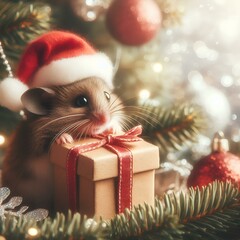 Obraz premium Cute little mouse trying to open wrapped Christmas or new year gift box on blurred shiny Xmas tree background with copy space.