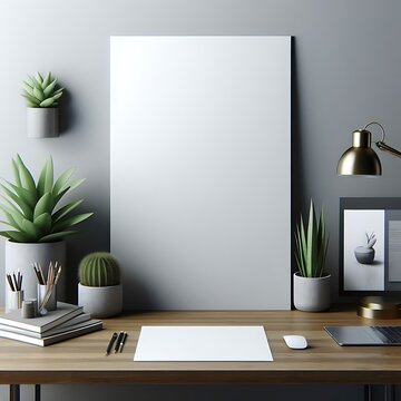 A desk with a white poster and a plant on it unique creative unique creative.