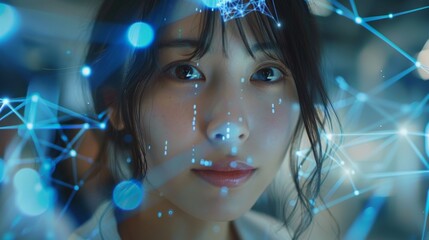 A professional Japanese woman smiles confidently, positioned against a backdrop of code and digital data. In the background behind glass walls adorned with holographic images.