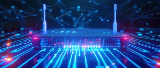 Fototapeta premium High-tech wireless router with glowing lights and network connections, representing modern connectivity and global data transmission.