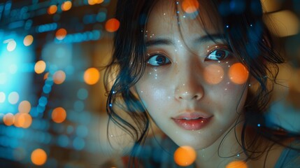 A professional Japanese woman smiles confidently, positioned against a backdrop of code and digital data. In the background behind glass walls adorned with holographic images.