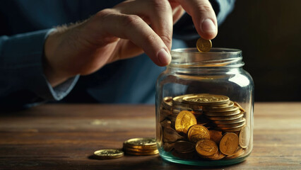 A hand stacking coins, with a nearby jar of coins, suggesting savings or investment