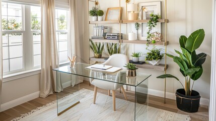 Fototapeta premium chic home office with a glass desk, minimalist shelving, and plenty of natural light to boost productivity