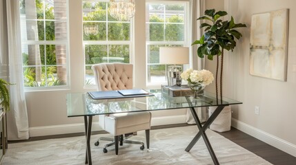 chic home office with a glass desk, ergonomic chair, and plenty of natural light to create a productive workspace