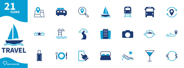 Travel icon. Set of icons for reservations, hotels, transportation, location,...