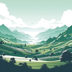 A green landscape with mountains and tree design graphics vector engaging.