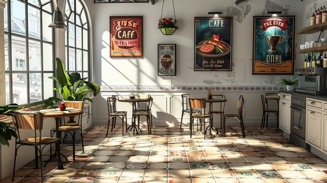 chic Parisian cafe setting in a home kitchen, complete with bistro tables, tiled floors, and French posters
