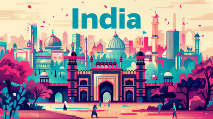 Indian architecture, cityscape in the daylight, in the style of graphic design-inspired illustrations, travel poster