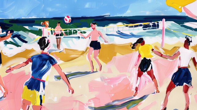 A vibrant, abstract painting depicting a group of friends joyfully playing beach volleyball by the ocean. The scene is full of dynamic movement and bright colors, capturing the energy and fun of a bea