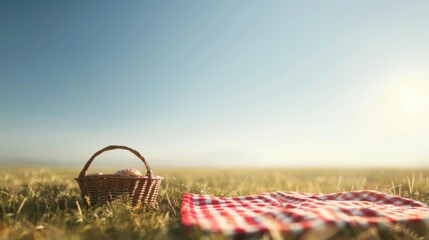 Serene picnic scene with basket and red checkered blanket in grassy field under clear blue sky, perfect for leisure, relaxation, and outdoor activities.