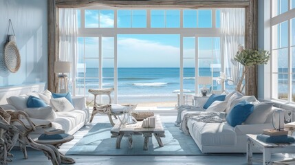 coastal themed living room with soft blue and white decor, driftwood furniture, and ocean views through large glass windows