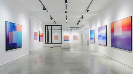 contemporary art gallery at home with stark white walls, spot lighting, and rotating displays of modern artwork