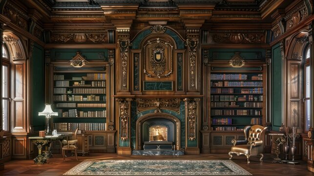 classic Victorian study with ornate woodwork, a grand fireplace, and deep green walls lined with books