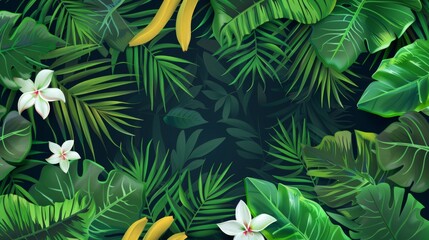 Tropical Leaf Border with White Flowers and Bananas