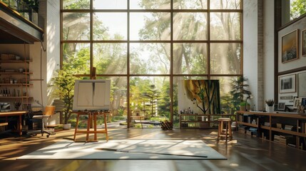contemporary art studio with large windows, plenty of natural light, and ample space for creative projects