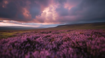 Stunning landscape of purple heather fields at sunset with dramatic clouds in the sky, creating a serene and captivating view.